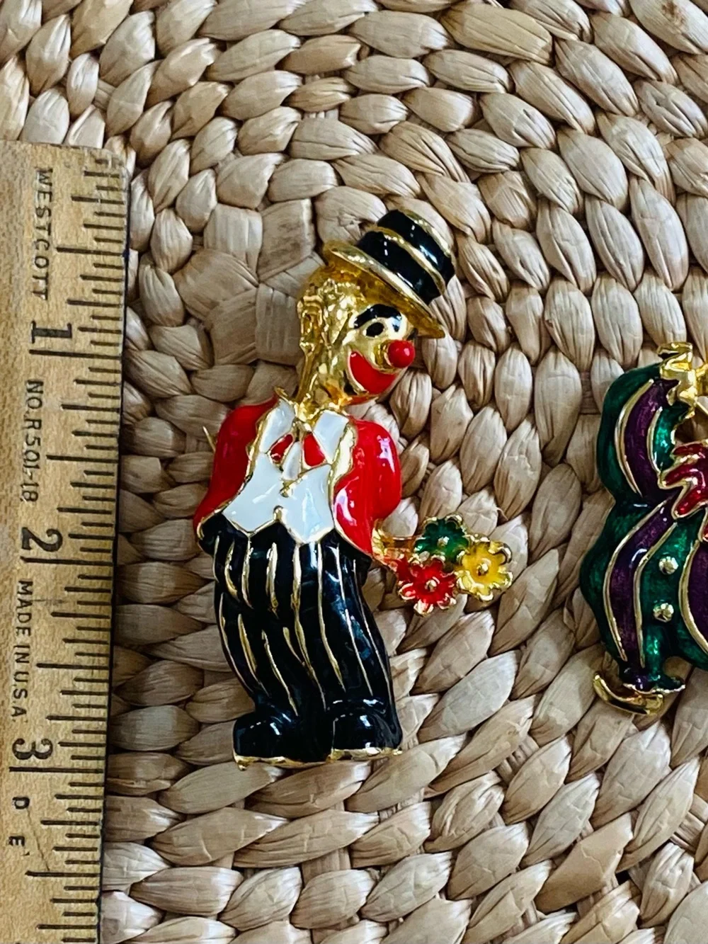 Vtg Circus Lot Set 2 Enamel Clowns Brooch Pin Gold Tone Flower Bouquet Top Hat